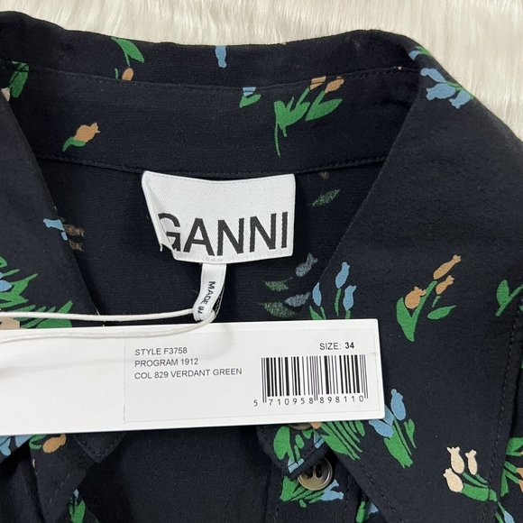 Ganni Women's Size 34 / US 2 Verdant Green Floral Printed Crepe Shirt‎ Dress - Picture 7 of 12